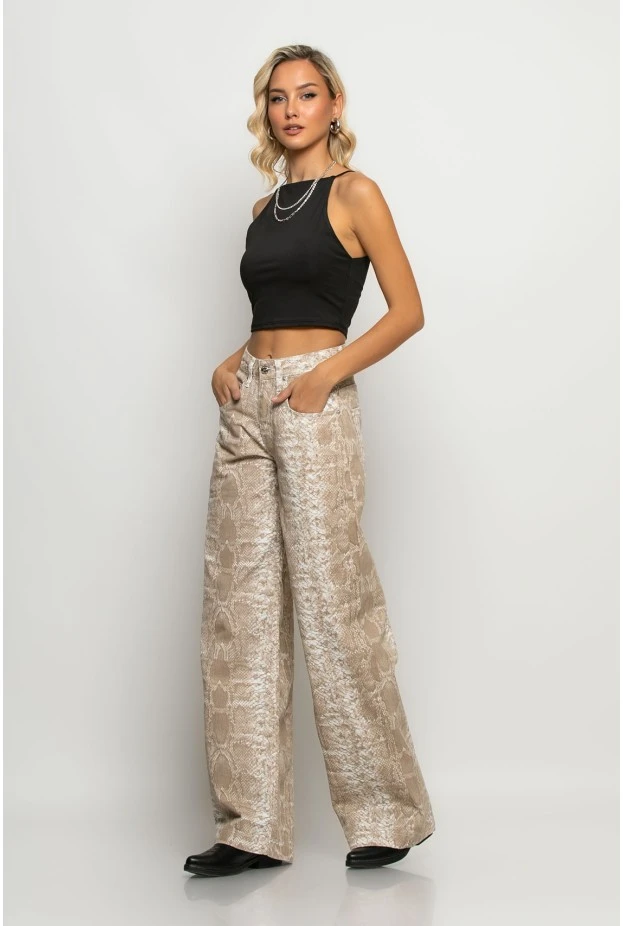Jean wide leg snake print μπεζ