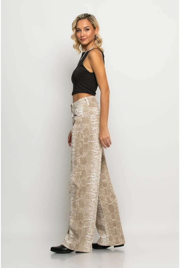 Jean wide leg snake print μπεζ
