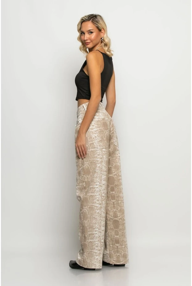 Jean wide leg snake print μπεζ