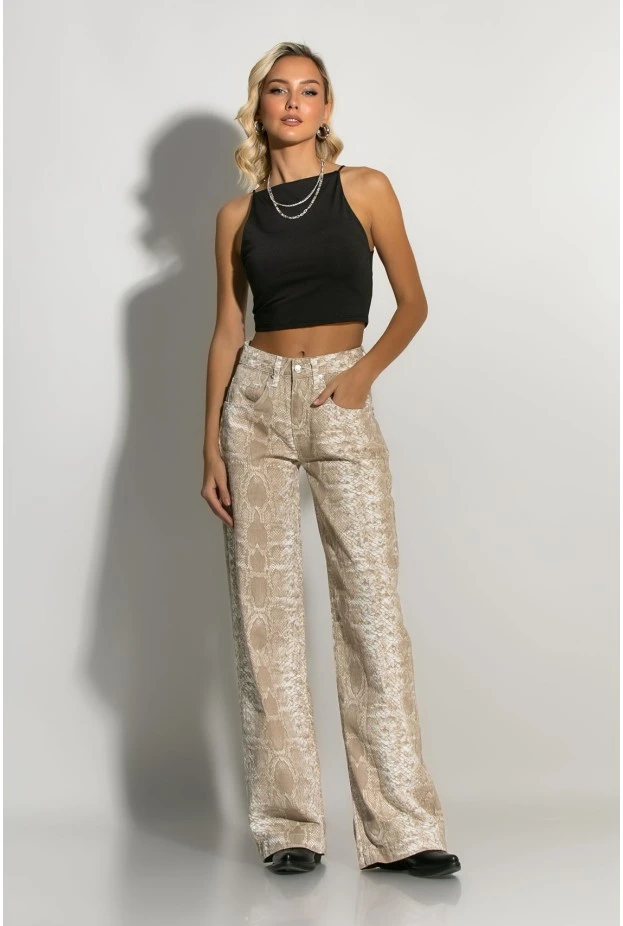 Jean wide leg snake print μπεζ