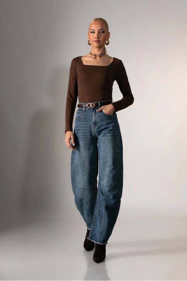 Jean barrel με σχέδια ραφές και ξέφτια μπλε