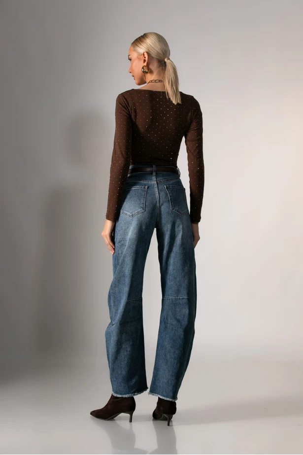 Jean barrel με σχέδια ραφές και ξέφτια μπλε