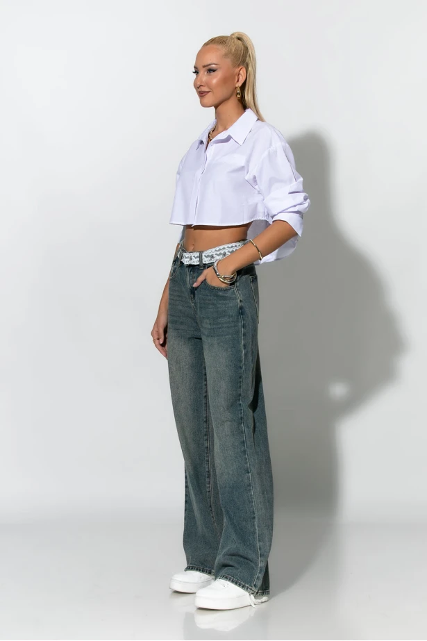 Jean wide leg με ζώνη απο δαντέλα μπλε σκούρο