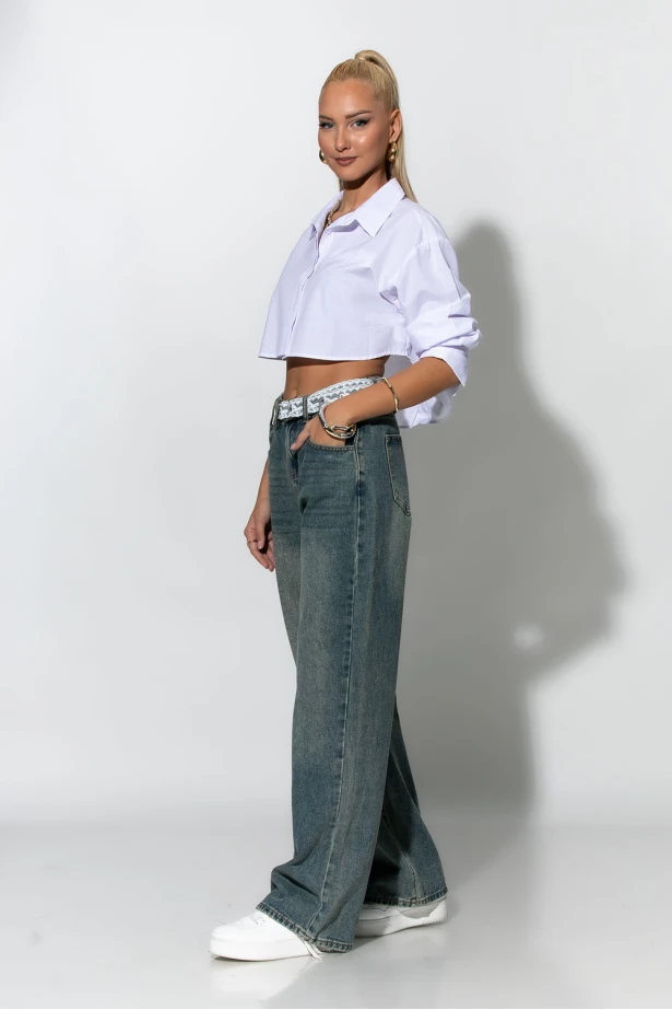 Jean wide leg με ζώνη απο δαντέλα μπλε σκούρο