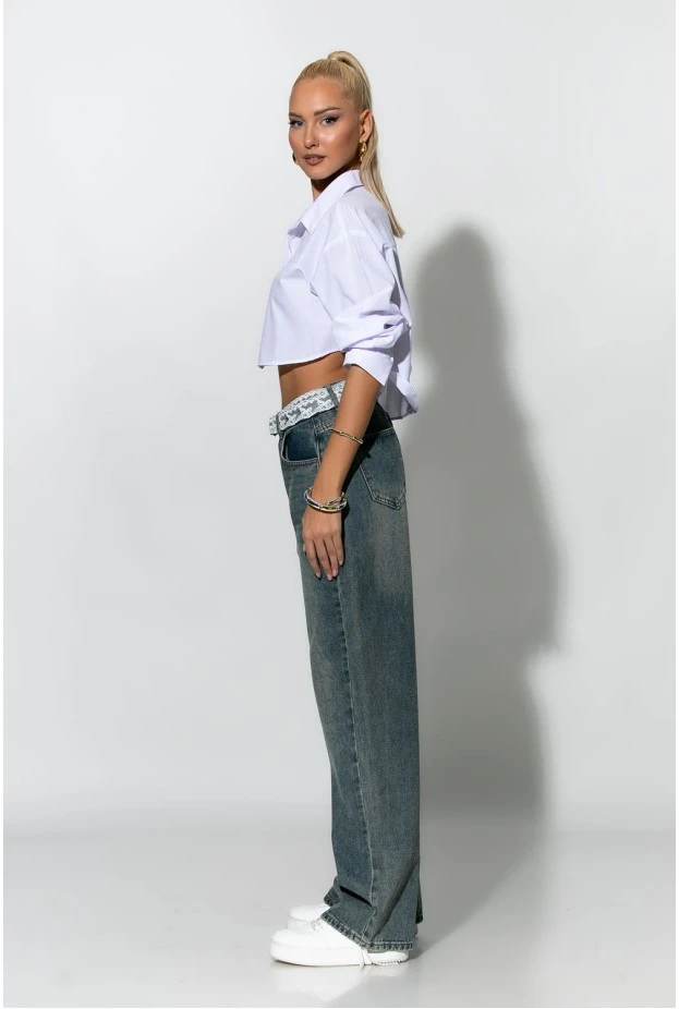 Jean wide leg με ζώνη απο δαντέλα μπλε σκούρο
