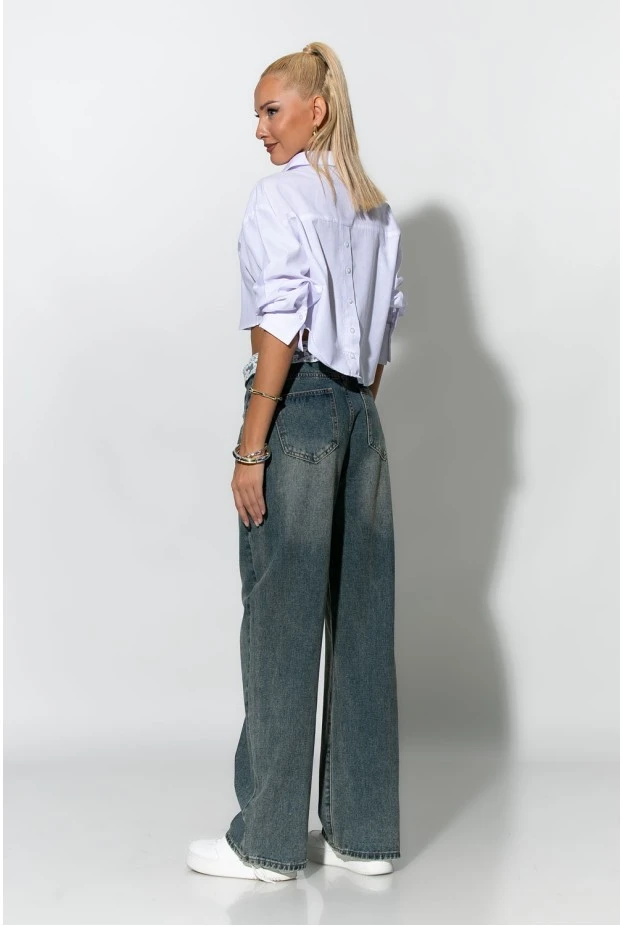 Jean wide leg με ζώνη απο δαντέλα μπλε σκούρο