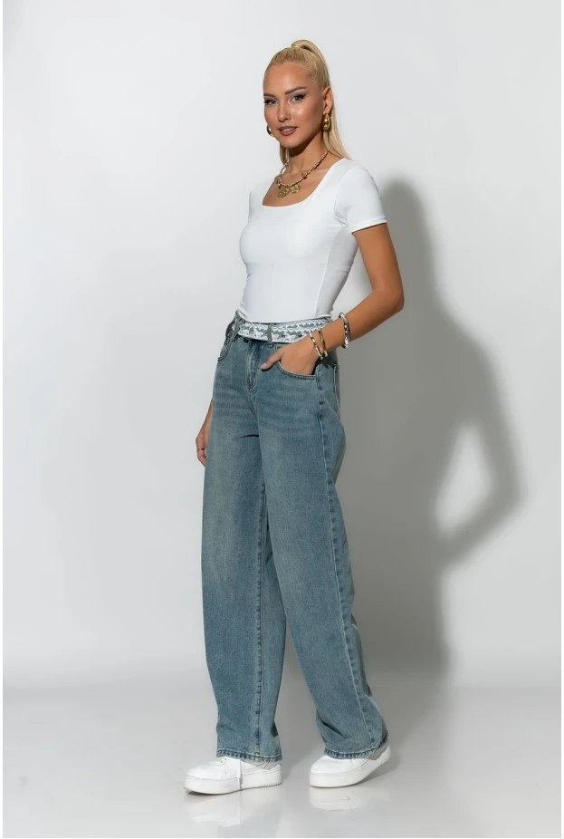 Jean wide leg με ζώνη απο δαντέλα μπλε ανοιχτό