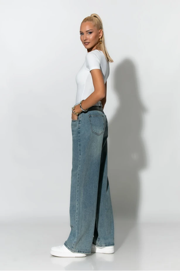 Jean wide leg με ζώνη απο δαντέλα μπλε ανοιχτό