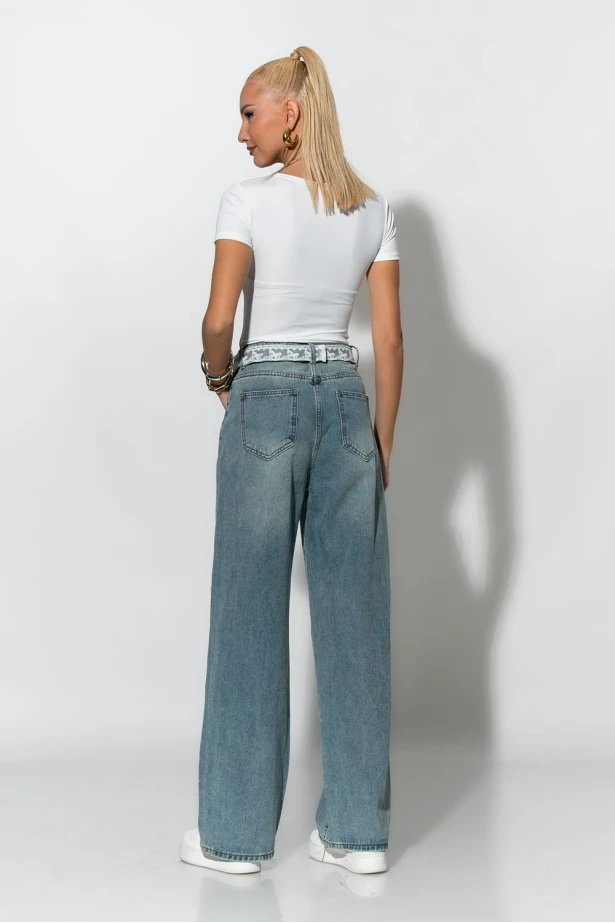 Jean wide leg με ζώνη απο δαντέλα μπλε ανοιχτό
