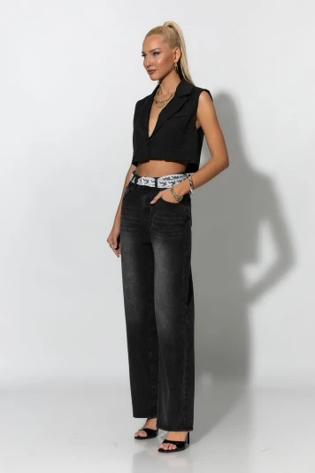 Jean wide leg με ζώνη απο δαντέλα μαύρο