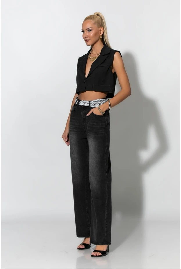 Jean wide leg με ζώνη απο δαντέλα μαύρο