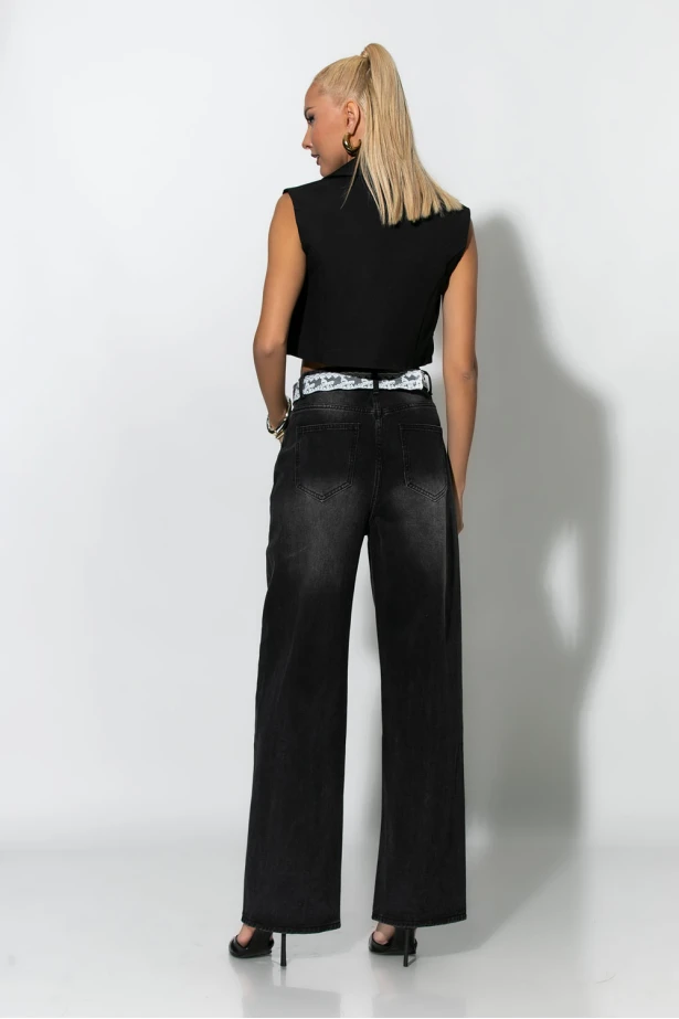 Jean wide leg με ζώνη απο δαντέλα μαύρο