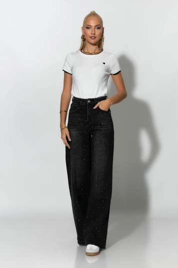Jean wide leg με στρας μαύρο