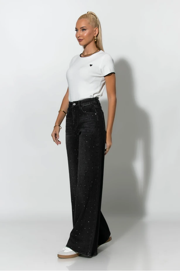 Jean wide leg με στρας μαύρο Jean wide leg με στρας μαύρο