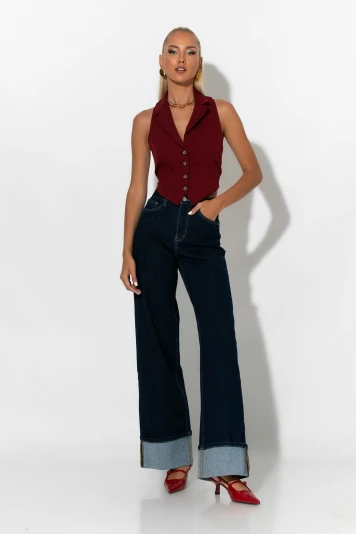 Jean wide leg με μάξι ρεβέρ μπλε ντένιμ 