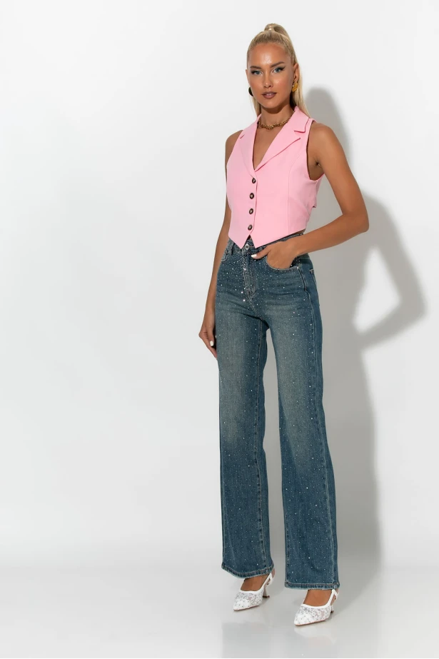 Jean wide leg με στρας μπλε 