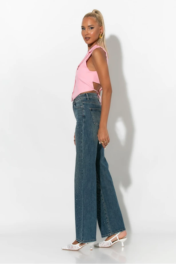 Jean wide leg με στρας μπλε 