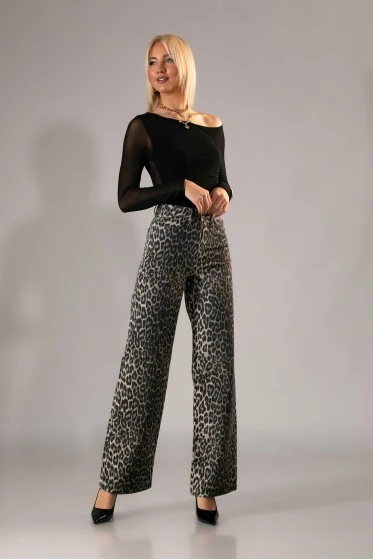Jean straight leg leopard print γκρι