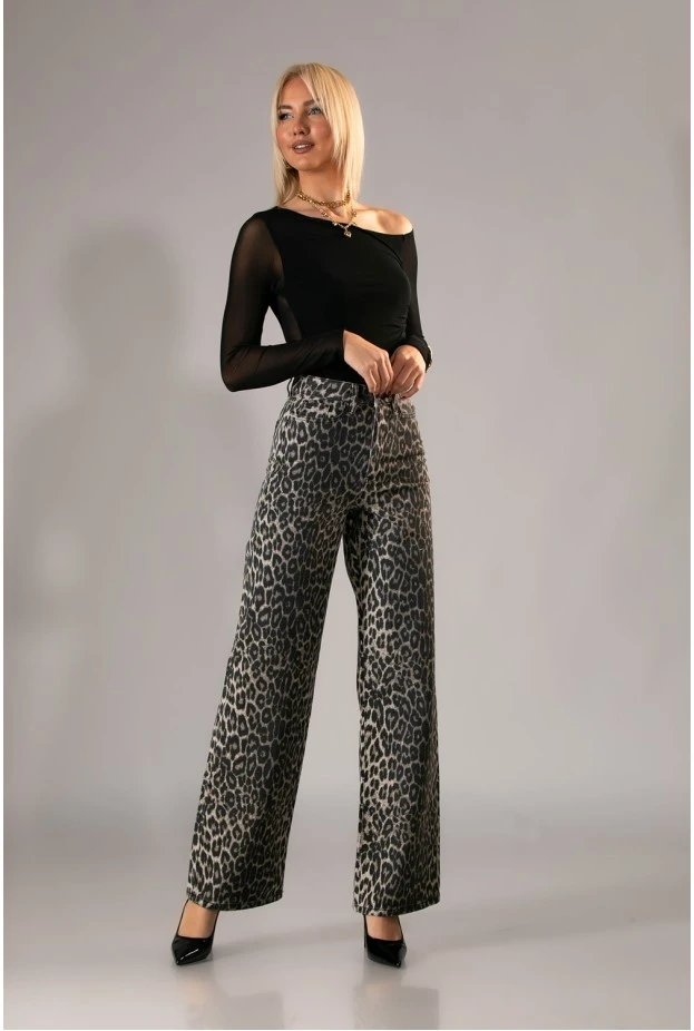 Jean straight leg leopard print γκρι