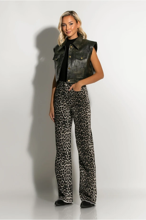 Jean straigt leg leopard print με ξέφτια γκρι Jean straigt leg leopard print με ξέφτια γκρι