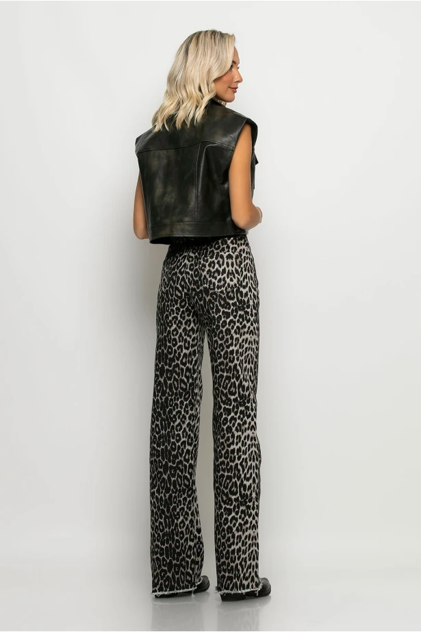 Jean straigt leg leopard print με ξέφτια γκρι Jean straigt leg leopard print με ξέφτια γκρι