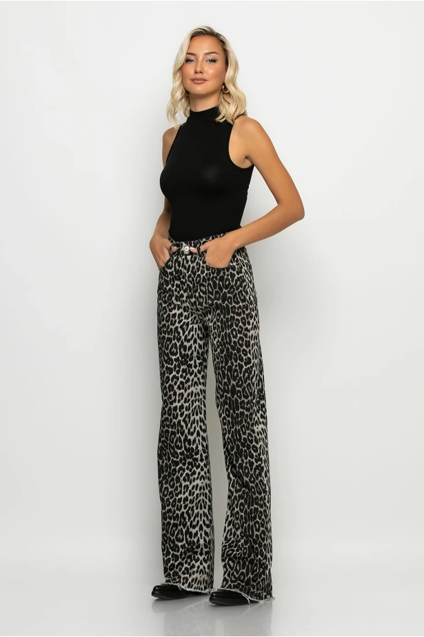 Jean straigt leg leopard print με ξέφτια γκρι Jean straigt leg leopard print με ξέφτια γκρι