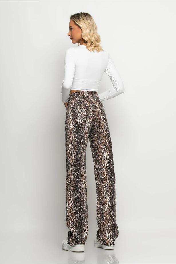 Jean straight leg snake print με ξέφτια καφέ Jean straight leg snake print με ξέφτια καφέ
