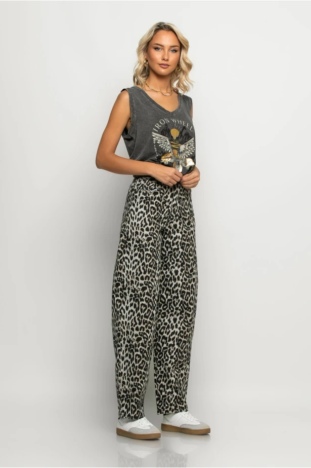 Jean loose fit leopard print γκρι Jean loose fit leopard print γκρι