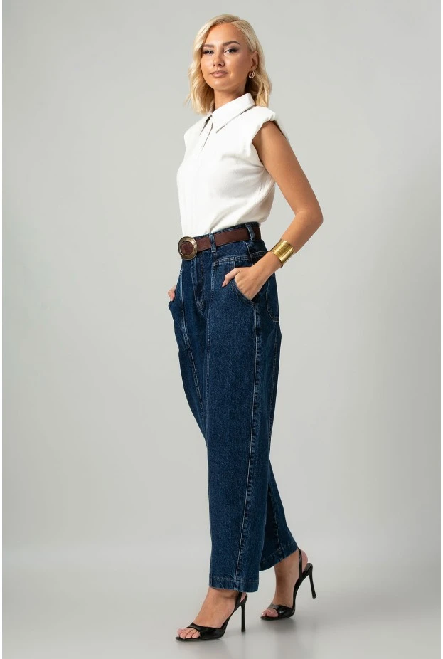 Jean balloon fit με ραφές μπλε σκούρο