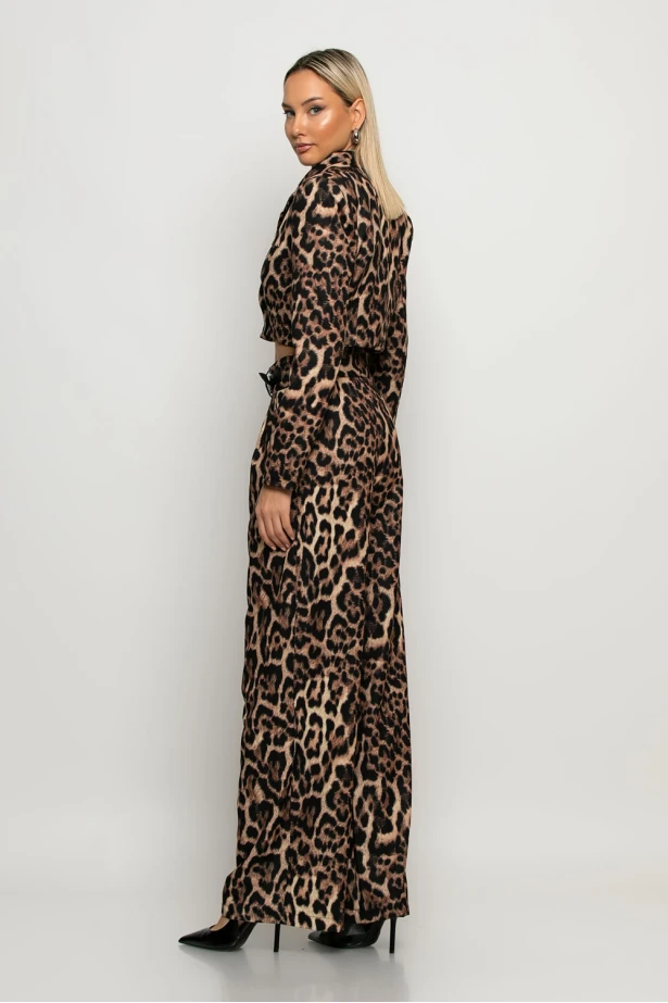 Παντελόνα leopard print με λεπτομέρεια ζωνάκι στο πλάι μπεζ Παντελόνα leopard print με λεπτομέρεια ζωνάκι στο πλάι μπεζ