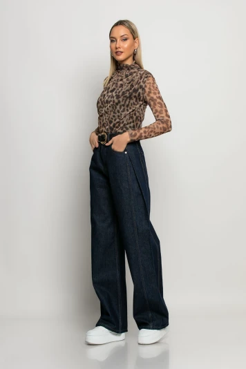 Jean wide leg με πιέτα στο πλάι μπλε ντένιμ