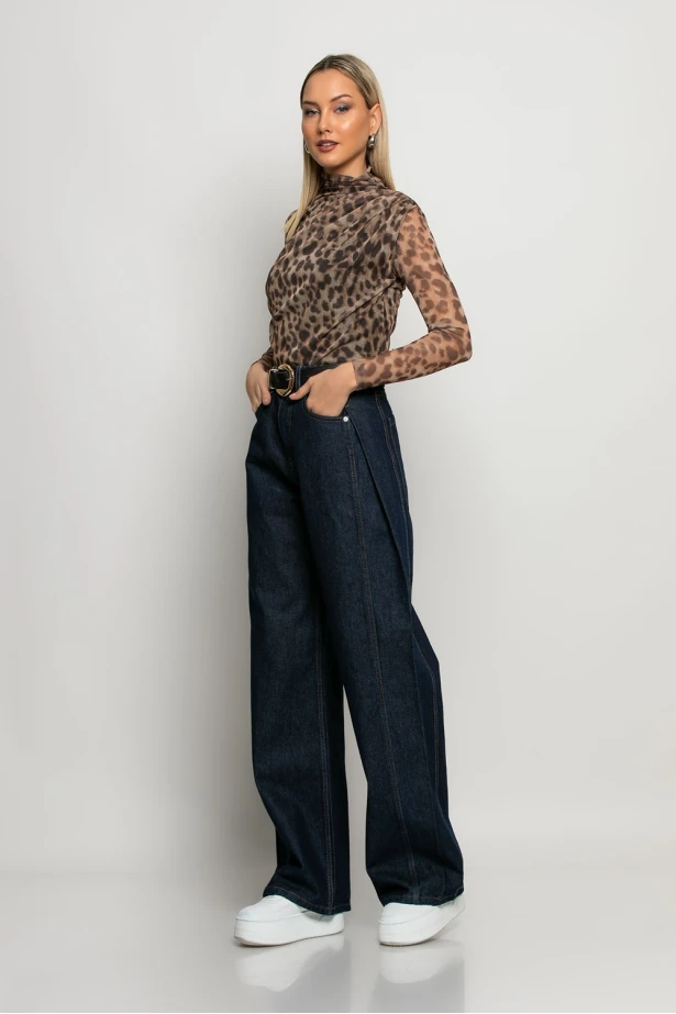 Jean wide leg με πιέτα στο πλάι μπλε ντένιμ Jean wide leg με πιέτα στο πλάι μπλε ντένιμ