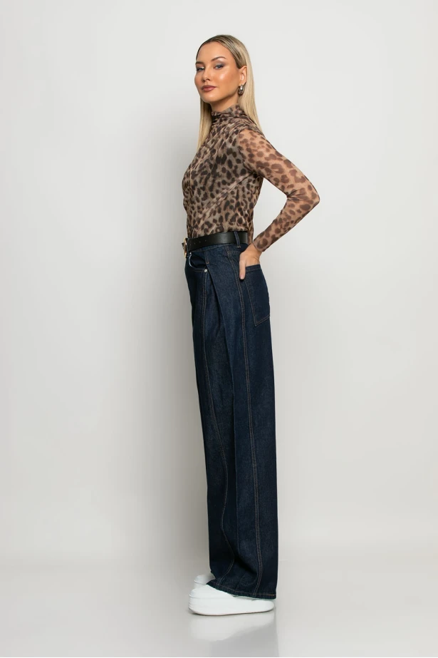 Jean wide leg με πιέτα στο πλάι μπλε ντένιμ Jean wide leg με πιέτα στο πλάι μπλε ντένιμ