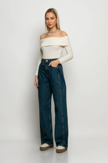 Jean wide leg με πιέτα στο πλάι μπλε ντένιμ
