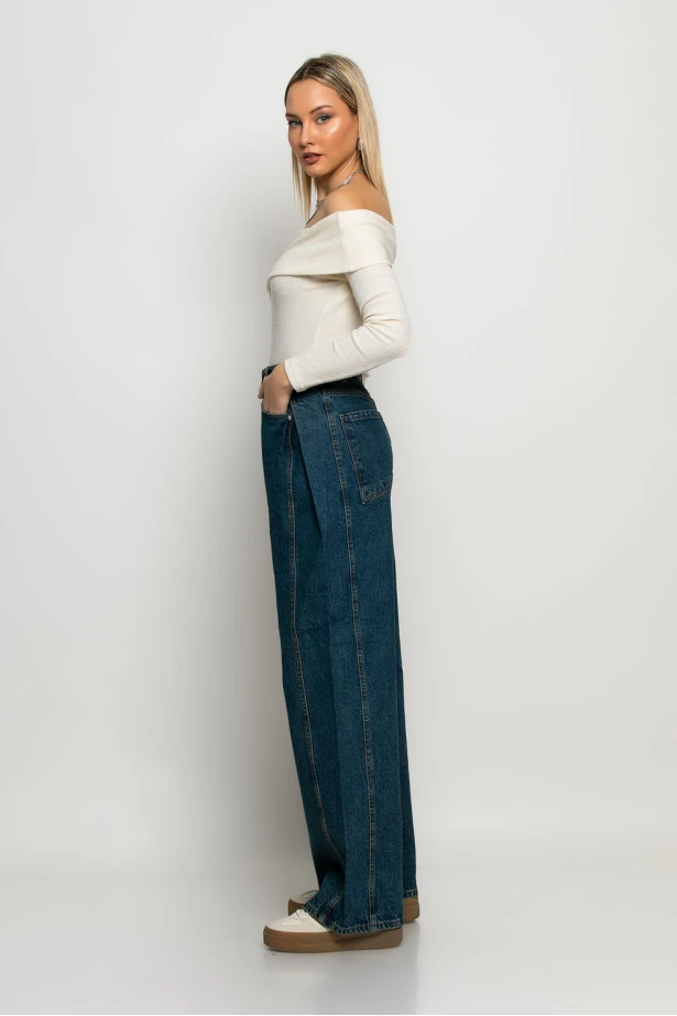 Jean wide leg με πιέτα στο πλάι μπλε Jean wide leg με πιέτα στο πλάι μπλε