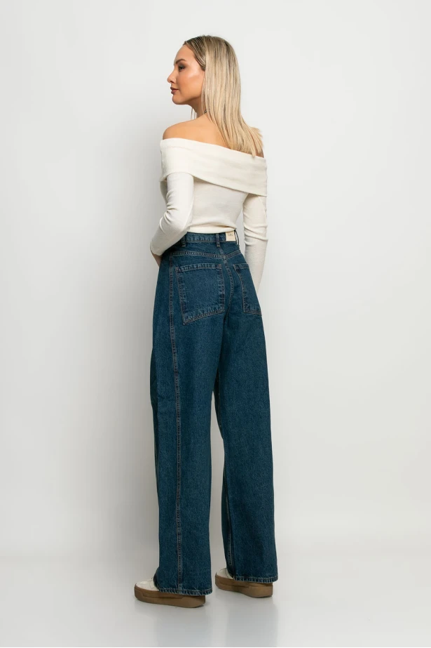 Jean wide leg με πιέτα στο πλάι μπλε Jean wide leg με πιέτα στο πλάι μπλε