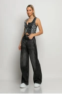 Jean wide leg με πιέτα στο πλάι ανθρακί