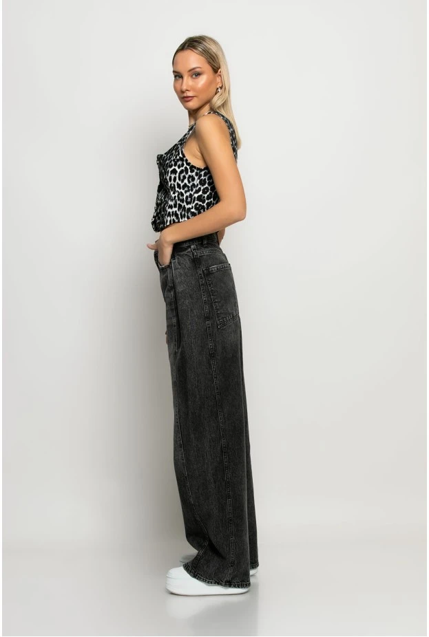 Jean wide leg με πιέτα στο πλάι ανθρακί