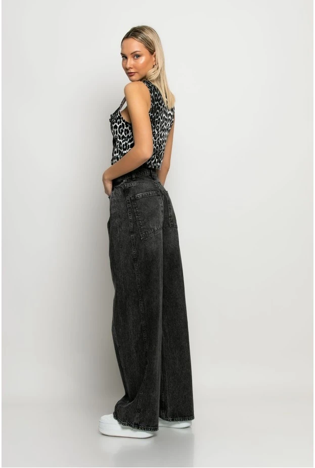 Jean wide leg με πιέτα στο πλάι ανθρακί