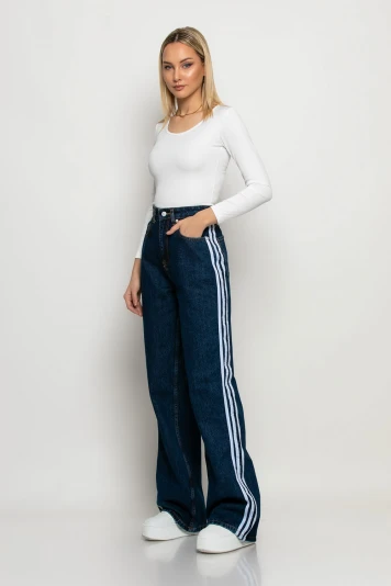 Jean wide leg με ρίγες στο πλάι μαύρο