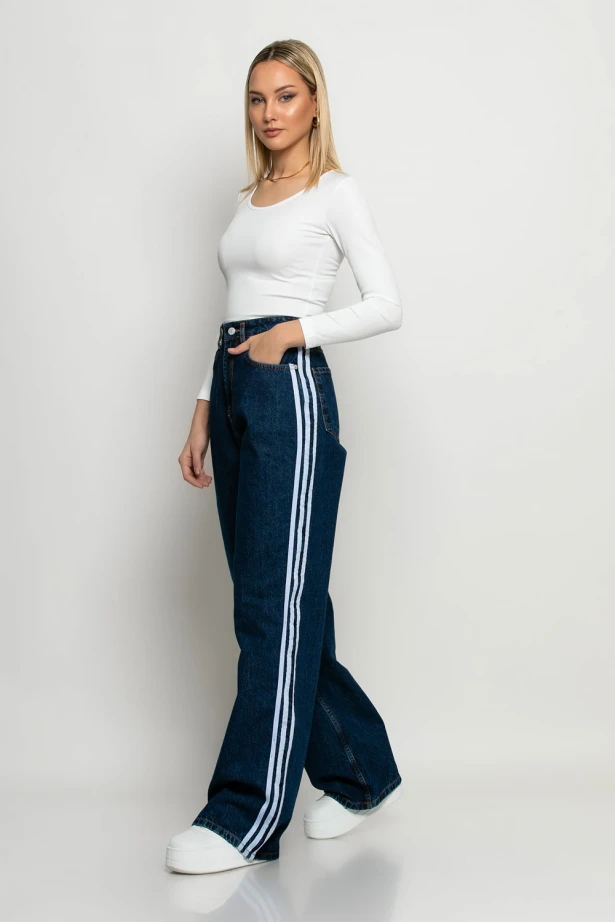 Jean wide leg με ρίγες στο πλάι μπλε Jean wide leg με ρίγες στο πλάι μπλε