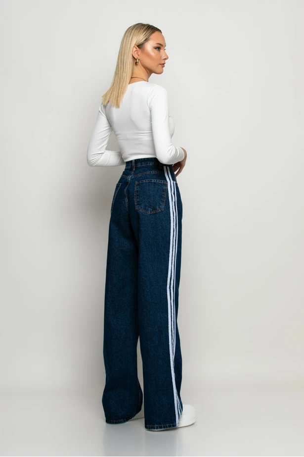 Jean wide leg με ρίγες στο πλάι μπλε Jean wide leg με ρίγες στο πλάι μπλε