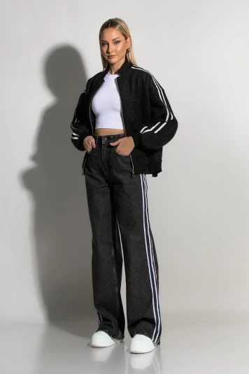 Jean wide leg με ρίγες στο πλάι μαύρο
