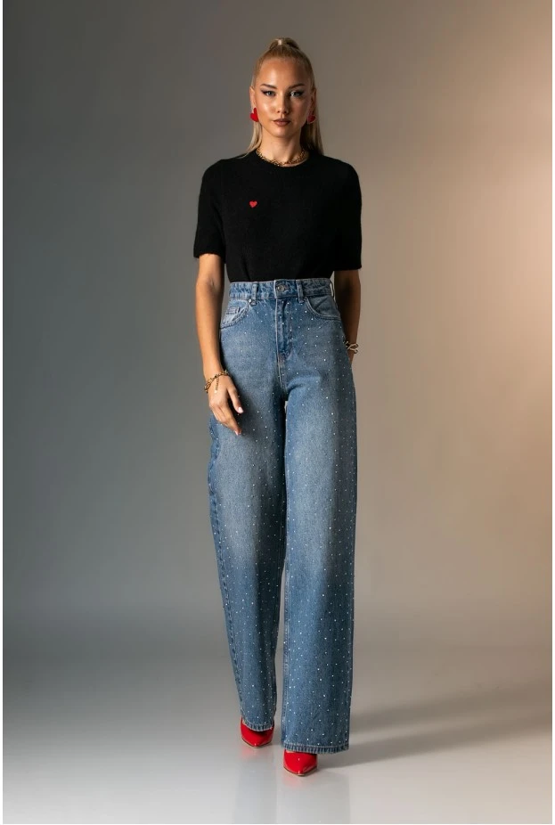 Jean straight leg με στρας μπλε