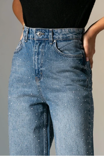 Jean straight leg με στρας μπλε