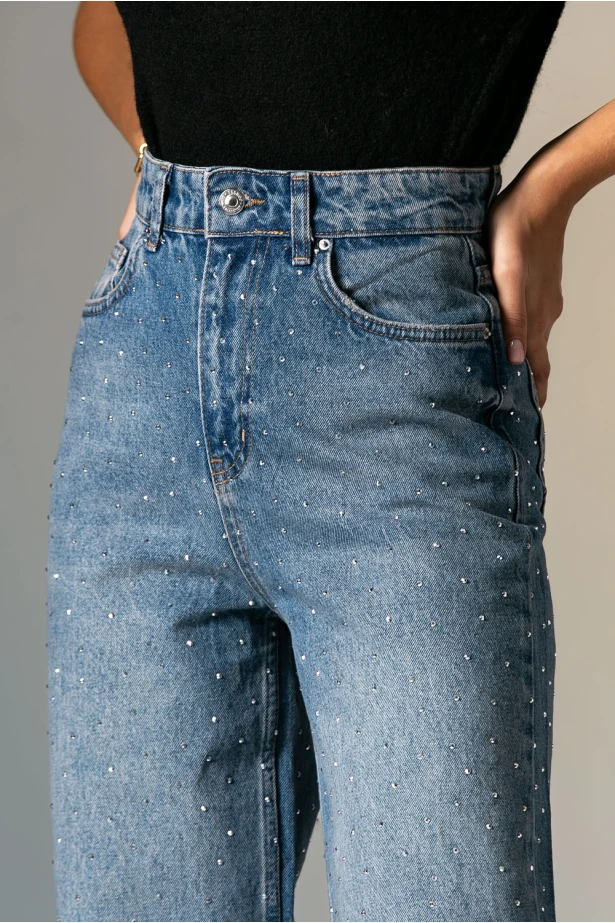 Jean straight leg με στρας μπλε