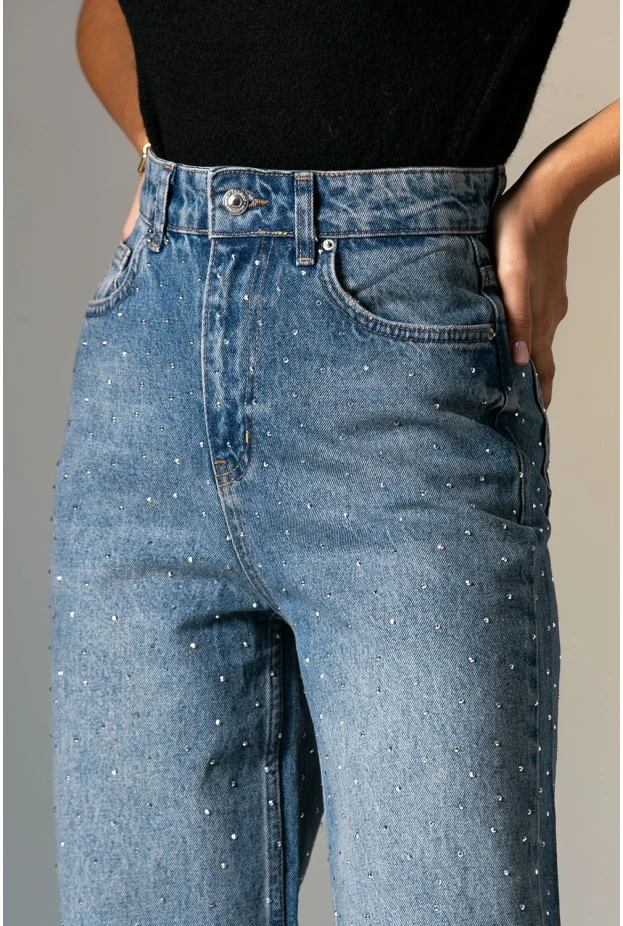 Jean straight leg με στρας μπλε