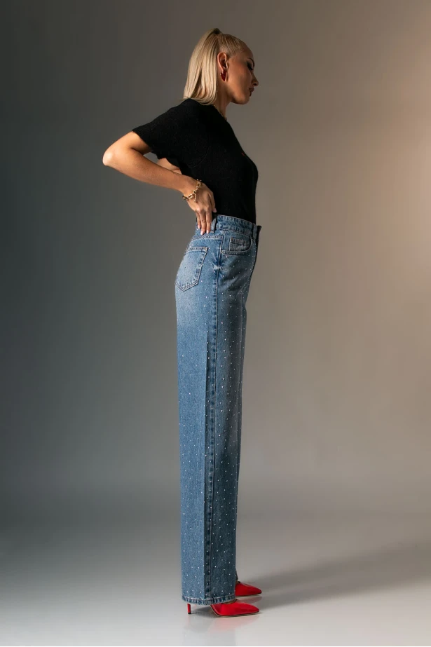 Jean straight leg με στρας μπλε