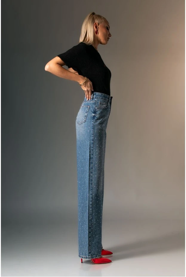 Jean straight leg με στρας μπλε
