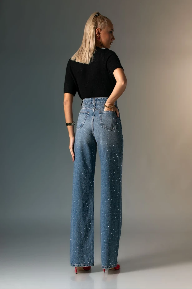Jean straight leg με στρας μπλε